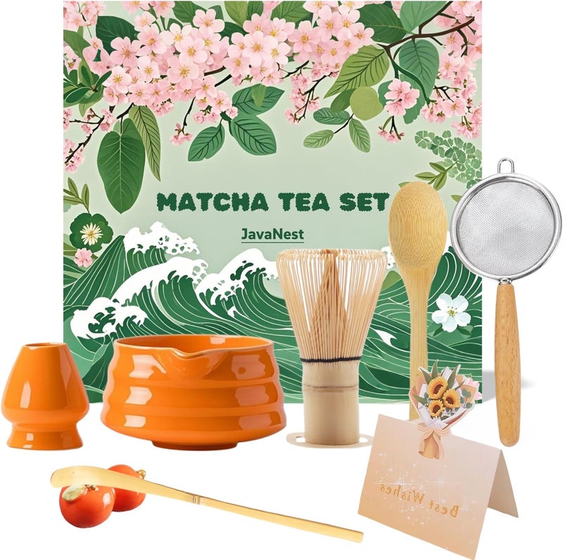 JavaNest 7-Piece Matcha Tea Set with Gift Card – 120-Prong Bamboo Whisk, Ceramic Bowl with Spout, Whisk Holder, Scoop, Spoon, Strainer & Scoop Holder – Ideal Gift for Matcha Lovers (Orange) - Image 1